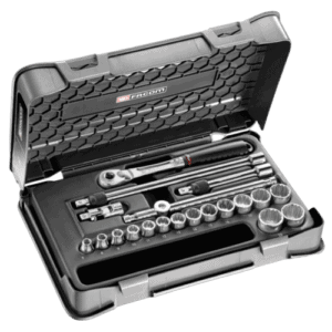 Facom 20-piece 3/8 inch metric 12-point socket set in a durable case, ideal for professional mechanics and DIY enthusiasts.