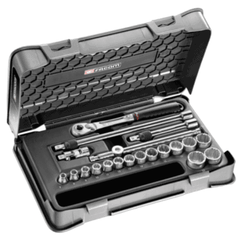 Facom 20-piece 3/8 inch metric 12-point socket set in a durable case, ideal for professional mechanics and DIY enthusiasts.