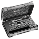 Facom 20-piece 3/8 inch metric 6-point socket set in a black plastic case with various sockets and tools.