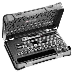 Facom 20-piece 3/8 inch metric 6-point socket set in a black plastic case with various sockets and tools.