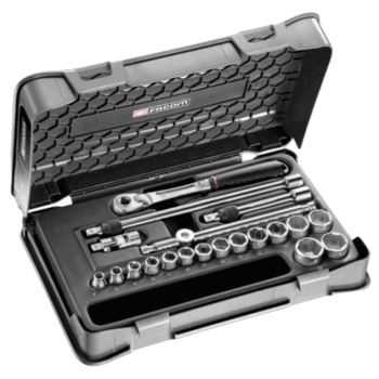 Facom 20-piece 3/8 inch metric 6-point socket set in a black plastic case with various sockets and tools.