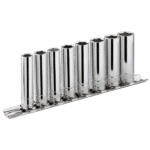 Set of eight chrome long-reach 3/8 inch 12-point sockets on a rack, ideal for automotive and mechanical work.