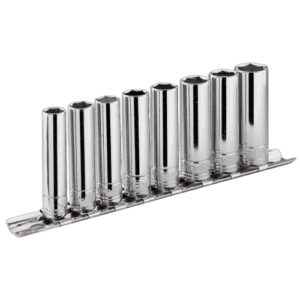 Set of eight chrome long-reach 3/8 inch 12-point sockets on a rack, ideal for automotive and mechanical work.