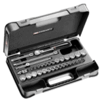 Set of 34 metric and inch 12-point sockets in a black plastic case, suitable for automotive and mechanical work.