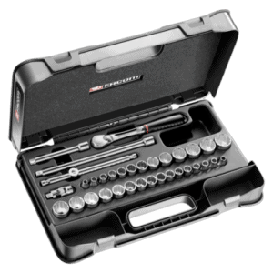 Set of 34 metric and inch 12-point sockets in a black plastic case, suitable for automotive and mechanical work.
