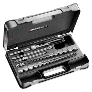 Set of 34 metric and inch 12-point sockets in a black plastic case, suitable for automotive and mechanical work.