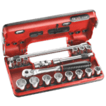 Detection box set with 3/8 inch metric 6-point sockets and ratchet in a red case, ideal for automotive and mechanical work.