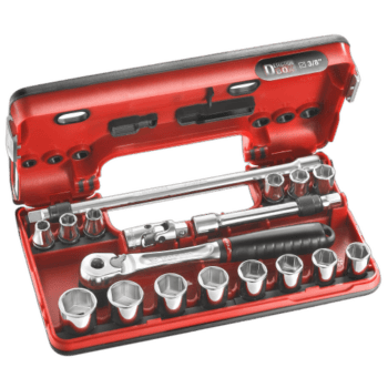 Detection box set with 3/8 inch metric 6-point sockets and ratchet in a red case, ideal for automotive and mechanical work.