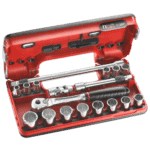 Detection Box set with 3/8 inch metric 12-point sockets and ratchet, ideal for automotive and mechanical work.