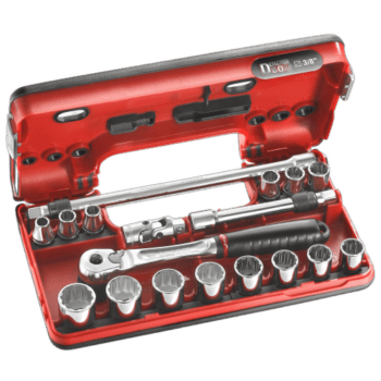Detection Box set with 3/8 inch metric 12-point sockets and ratchet, ideal for automotive and mechanical work.