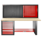 Facom heavy-duty workbench with 7 drawers, wooden top, and shutter cabinet, ideal for industrial and workshop use.