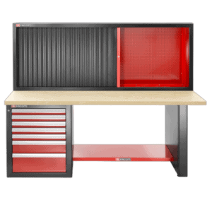 Facom heavy-duty workbench with 7 drawers, wooden top, and shutter cabinet, ideal for industrial and workshop use.