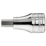 Close-up of a Facom JT 3/8 drive metric bit socket in chrome finish, showing detailed hexagonal socket and engraved branding.