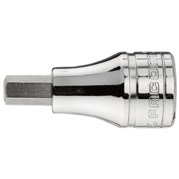 Close-up of a Facom JT 3/8 drive metric bit socket in chrome finish, showing detailed hexagonal socket and engraved branding.