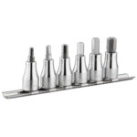 Set of six Facom 3/8 inch metric 6-point hex screwdriver sockets on a metal rack for automotive and mechanical use.