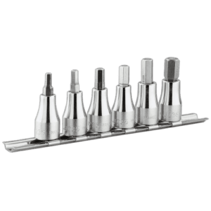 Set of six Facom 3/8 inch metric 6-point hex screwdriver sockets on a metal rack for automotive and mechanical use.