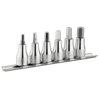 Set of six Facom 3/8 inch metric 6-point hex screwdriver sockets on a metal rack for automotive and mechanical use.
