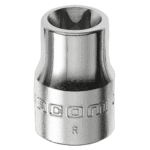 Close-up of a Facom JTX 3/8 Torx socket in silver finish, showing detailed engravings and precise manufacturing.