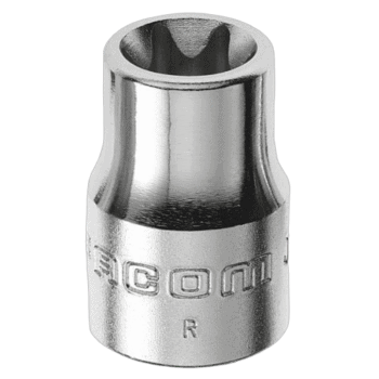 Close-up of a Facom JTX 3/8 Torx socket in silver finish, showing detailed engravings and precise manufacturing.