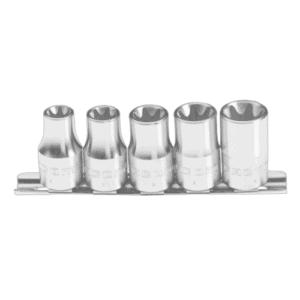 Set of five metallic 3/8 drive sockets on a metal rack, suitable for automotive and mechanical work.