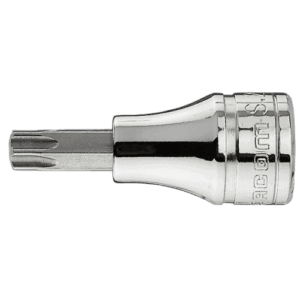 Close-up of a Facom JX 3/8 Torx drive socket in chrome finish, showing detailed engravings and a precision-machined tip.