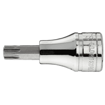 Close-up of a Facom JX 3/8 Torx drive socket in chrome finish, showing detailed engravings and a precision-machined tip.