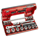 Facom 3/8 metric 6-point detection box set with sockets and ratchet in red case for professional tool use.