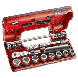 Facom 3/8 metric 6-point detection box set with sockets and ratchet in red case for professional tool use.