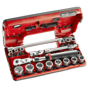 Facom 3/8 metric 6-point detection box set with sockets and ratchet in red case for professional tool use.