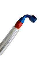 Close-up of a flexible racing fuel hose with blue and red fittings, used in Grand Prix racewear for high-performance motorsport applications.