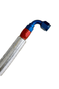 Close-up of a flexible racing fuel hose with blue and red fittings, used in Grand Prix racewear for high-performance motorsport applications.