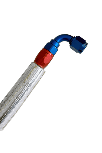 Close-up of a flexible racing fuel hose with blue and red fittings, used in Grand Prix racewear for high-performance motorsport applications.