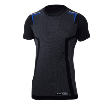 Black and grey Grand Prix Racewear racing shirt with blue accents, designed for motorsport enthusiasts and professionals.