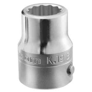 Close-up of a Facom K.B 3/4 drive metric 12-point socket in silver finish, showing detailed engravings and precise construction.