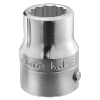 Close-up of a Facom K.B 3/4 drive metric 12-point socket in silver finish, showing detailed engravings and precise construction.