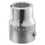 Close-up of a Facom K.B 3/4 drive metric 12-point socket in silver finish, showing detailed engravings and precise construction.