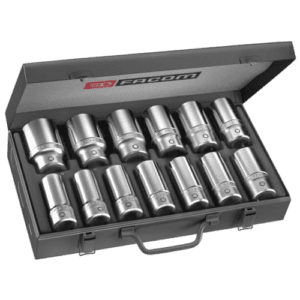 Facom 12-piece set of 3/4 6-point long-reach metric-size sockets in a grey case.