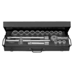 Set of metric 3/4 6-point long-reach sockets with ratchet and extensions in a black case for automotive and mechanical work.