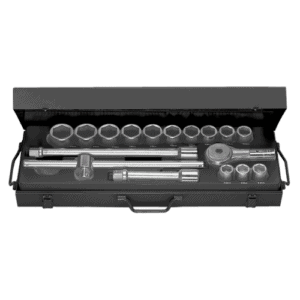 Set of metric 3/4 6-point long-reach sockets with ratchet and extensions in a black case for automotive and mechanical work.