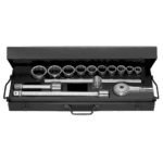Facom 3/4 inch 12-point metric socket set with ratchet and extension bars in a black case.