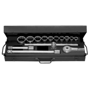 Facom 3/4 inch 12-point metric socket set with ratchet and extension bars in a black case.