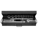 Set of Facom 3/4 inch 6-point metric sockets with ratchet and extension bars in a black case.
