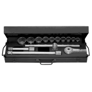 Set of Facom 3/4 inch 6-point metric sockets with ratchet and extension bars in a black case.