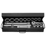 Set of Facom 3/4 inch 12-point metric sockets with ratchet and accessories in a black case for professional automotive or mechanical use.