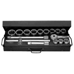 Set of Facom 3/4 inch 12-point metric sockets with ratchet and accessories in a black case for professional automotive or mechanical use.