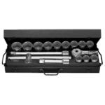 Set of 3/4 inch 6-point metric sockets with a ratchet and extension bar in a black case for professional automotive or mechanical use.