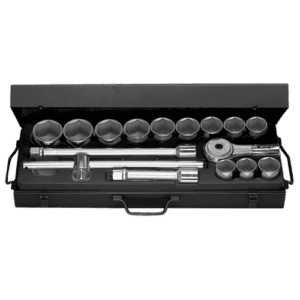 Set of 3/4 inch 6-point metric sockets with a ratchet and extension bar in a black case for professional automotive or mechanical use.