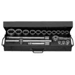 Facom 3/4 inch 12-point metric socket set with various socket sizes in a black case.