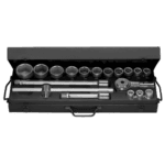 Facom 3/4 inch 6-point metric socket set in a black case with various sockets and accessories.