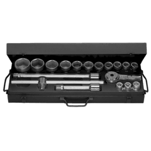 Facom 3/4 inch 6-point metric socket set in a black case with various sockets and accessories.